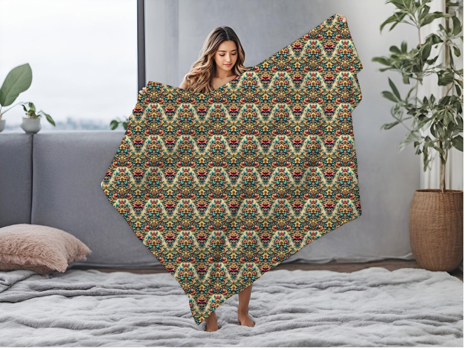 Victorian Floral Velveteen Blanket, Cozy Plush Throw for Home Decor, Floral Pattern Print, Warm Sofa Blanket, Bedding Gift Idea