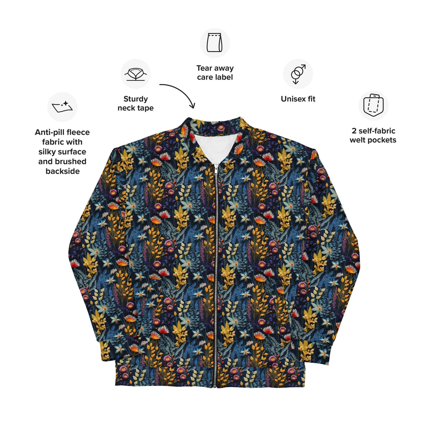Unique Floral Pattern Stylish Bomber Jacket – All-Over Print 3D Threaded Design, Casual & Evening Wear, Trendy Floral Bomber, Perfect Gift