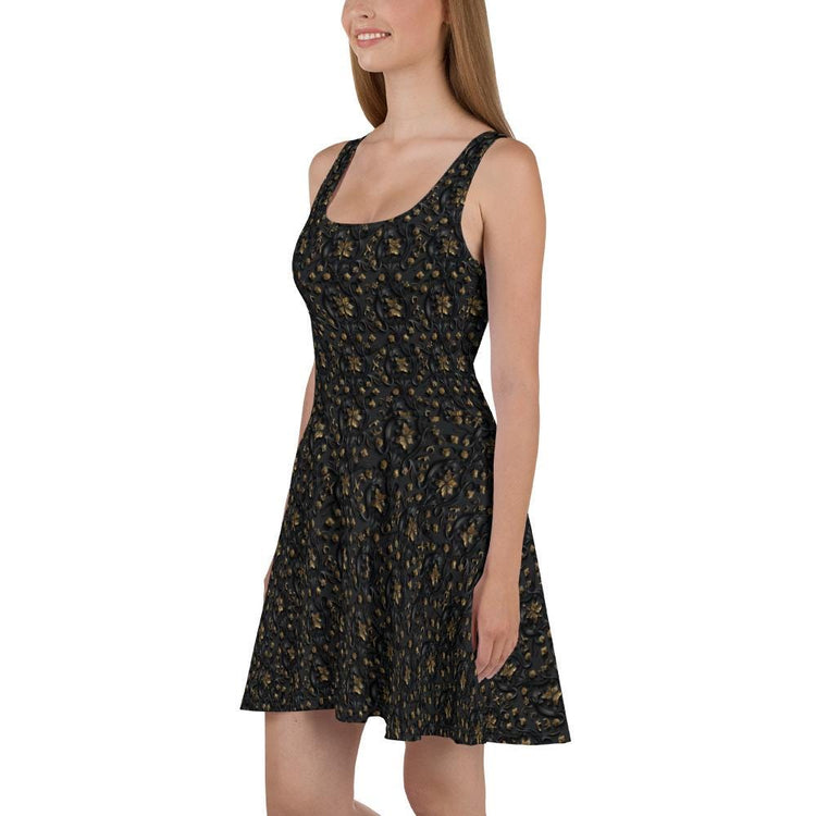 Sophisticated 3D Raised Black & Gold Luxury Skater Dress - Elegant Couture Evening Casual Wear for Special Occasions