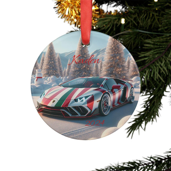 Personalized Acrylic Ornament with Candy Cane Car Design, Custom Holiday Lamborgini Decoration, Kids Gift, Christmas Keepsake, Home Decor