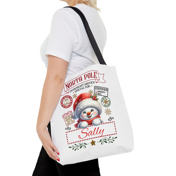 Personalized North Pole Tote Bag, Holiday Gift, Christmas Shopping Bag, Snowman Design, Festive Reusable Shopper