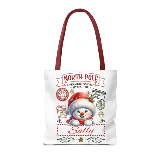Personalized North Pole Tote Bag, Holiday Gift, Christmas Shopping Bag, Snowman Design, Festive Reusable Shopper