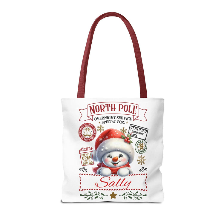 Personalized North Pole Tote Bag, Holiday Gift, Christmas Shopping Bag, Snowman Design, Festive Reusable Shopper