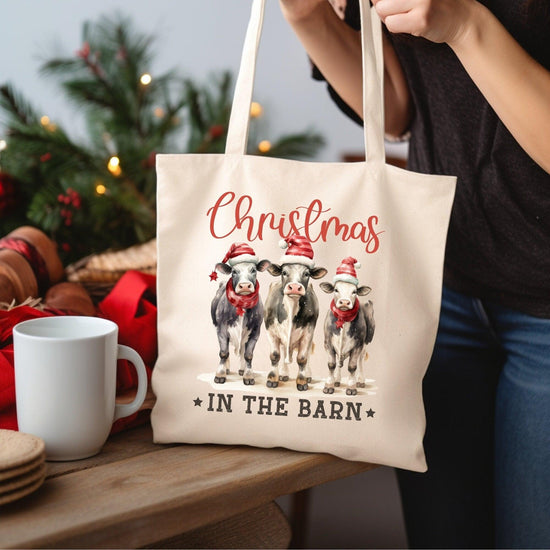 Farm House Country Xmas Cotton Canvas Tote Bag, Holiday Travel Gift Bags, Hand Crafted Shopping Bag