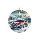 Personalized Holiday Car Ornament, Custom Double-Sided Ceramic Christmas Bauble, Festive Home Decor, BMW Lover Gift, Winter Keepsake