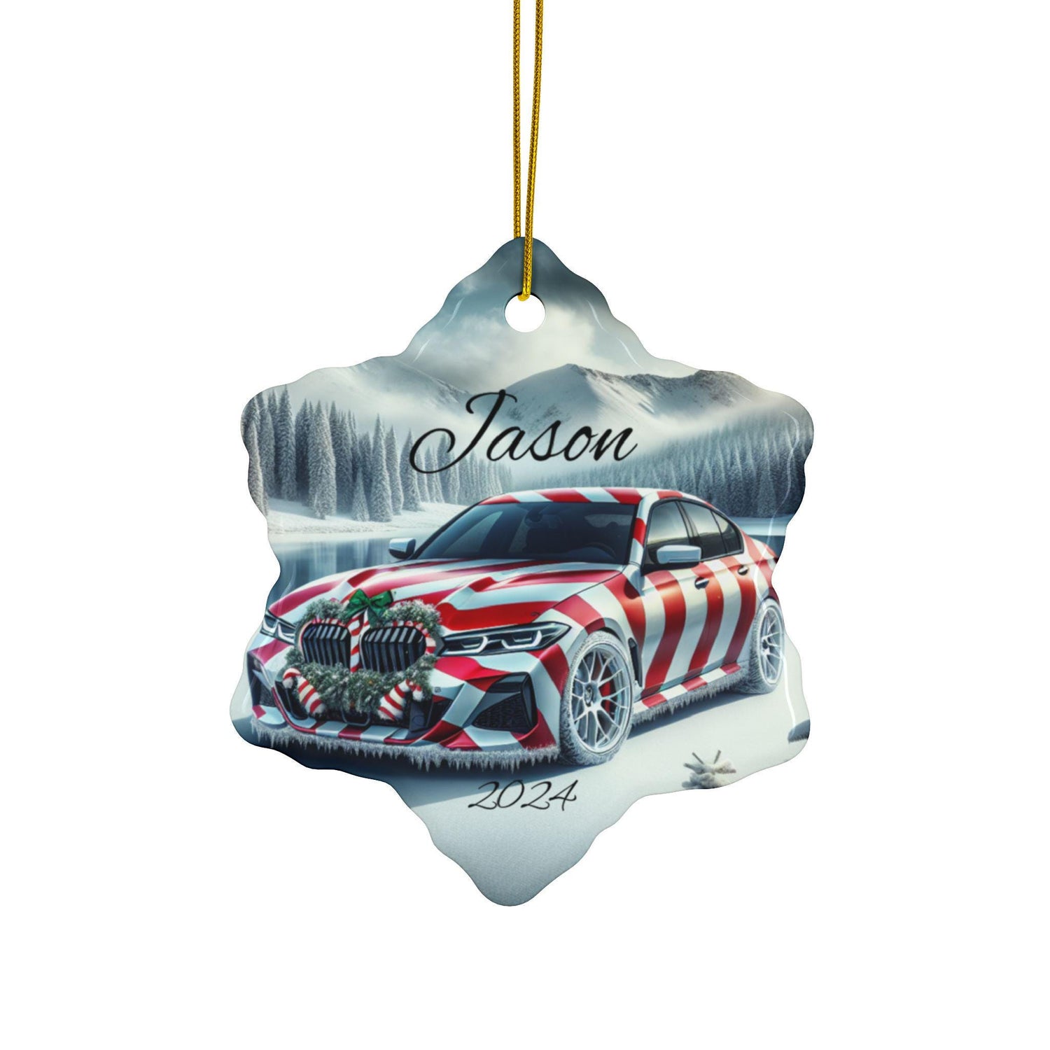 Personalized Holiday Car Ornament, Custom Double-Sided Ceramic Christmas Bauble, Festive Home Decor, BMW Lover Gift, Winter Keepsake