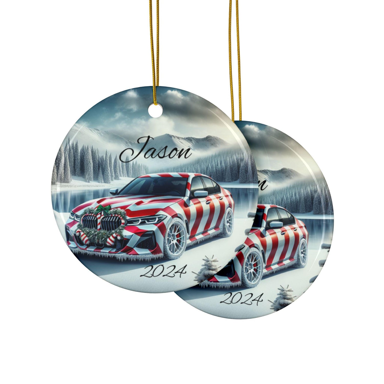 Personalized Holiday Car Ornament, Custom Double-Sided Ceramic Christmas Bauble, Festive Home Decor, BMW Lover Gift, Winter Keepsake
