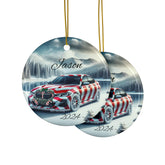 Personalized Holiday Car Ornament, Custom Double-Sided Ceramic Christmas Bauble, Festive Home Decor, BMW Lover Gift, Winter Keepsake