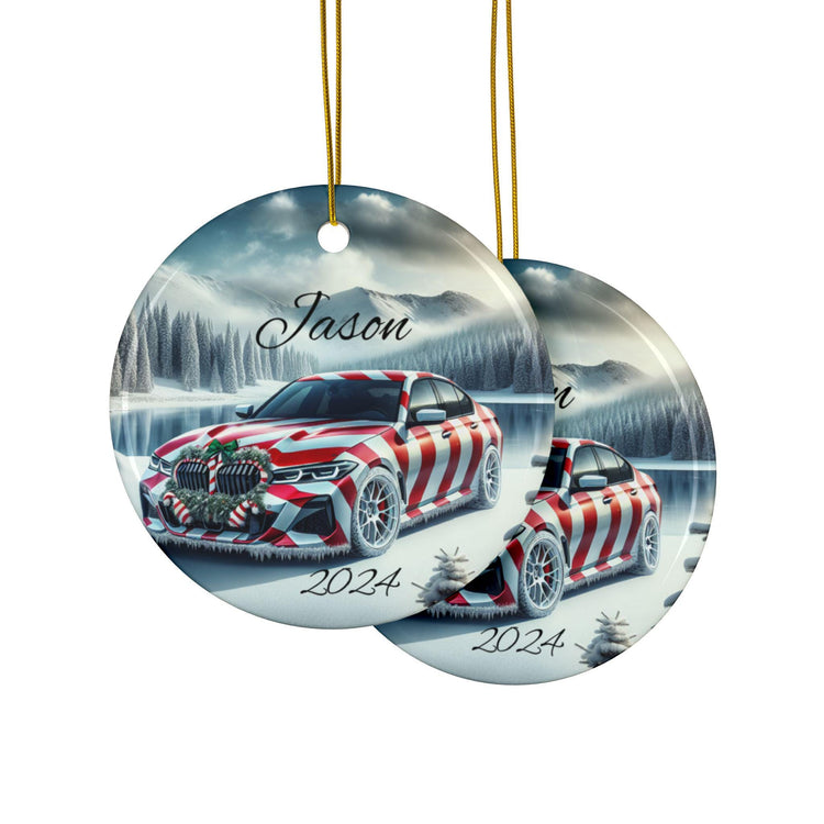 Personalized Holiday Car Ornament, Custom Double-Sided Ceramic Christmas Bauble, Festive Home Decor, BMW Lover Gift, Winter Keepsake