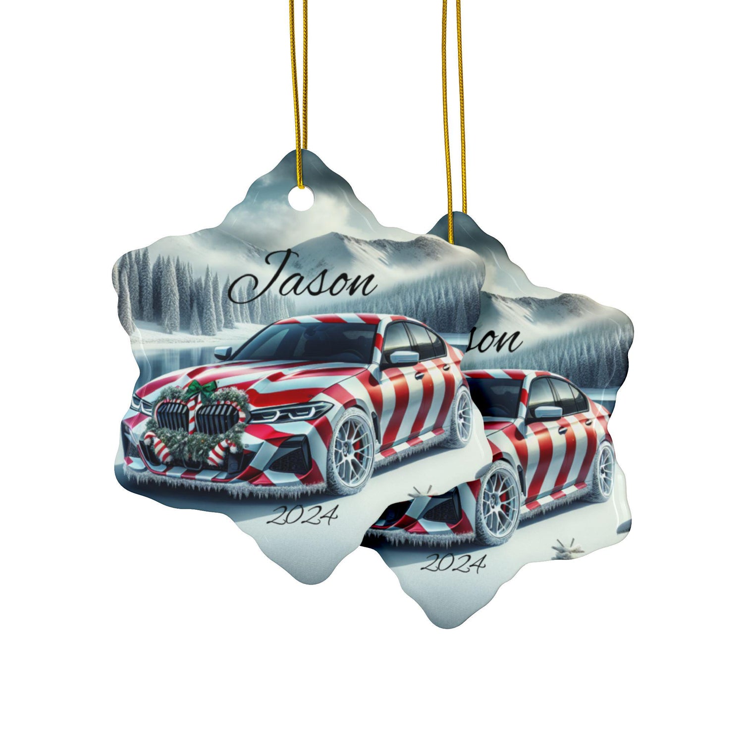 Personalized Holiday Car Ornament, Custom Double-Sided Ceramic Christmas Bauble, Festive Home Decor, BMW Lover Gift, Winter Keepsake