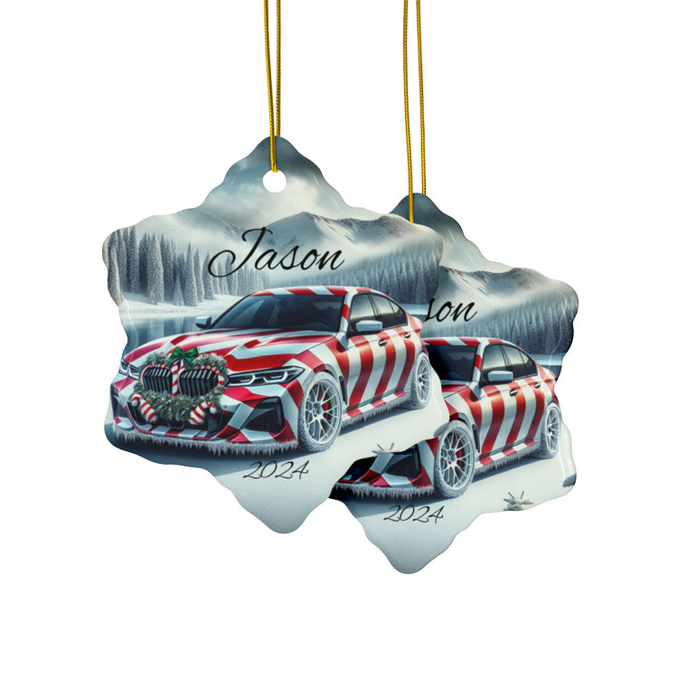 Personalized Holiday Car Ornament, Custom Double-Sided Ceramic Christmas Bauble, Festive Home Decor, BMW Lover Gift, Winter Keepsake