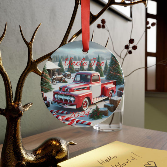 Personalized Christmas Acrylic Ornament with Ribbon, Custom Holiday Decor, Keepsake Gift for Uncle, Vintage Truck Design, 2024