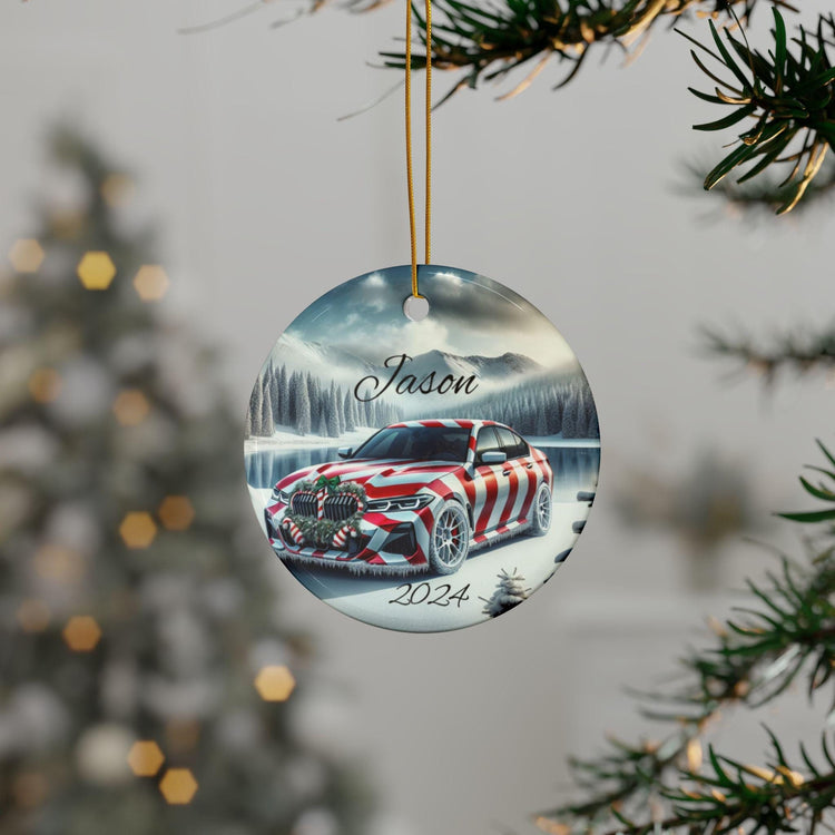 Personalized Holiday Car Ornament, Custom Double-Sided Ceramic Christmas Bauble, Festive Home Decor, BMW Lover Gift, Winter Keepsake