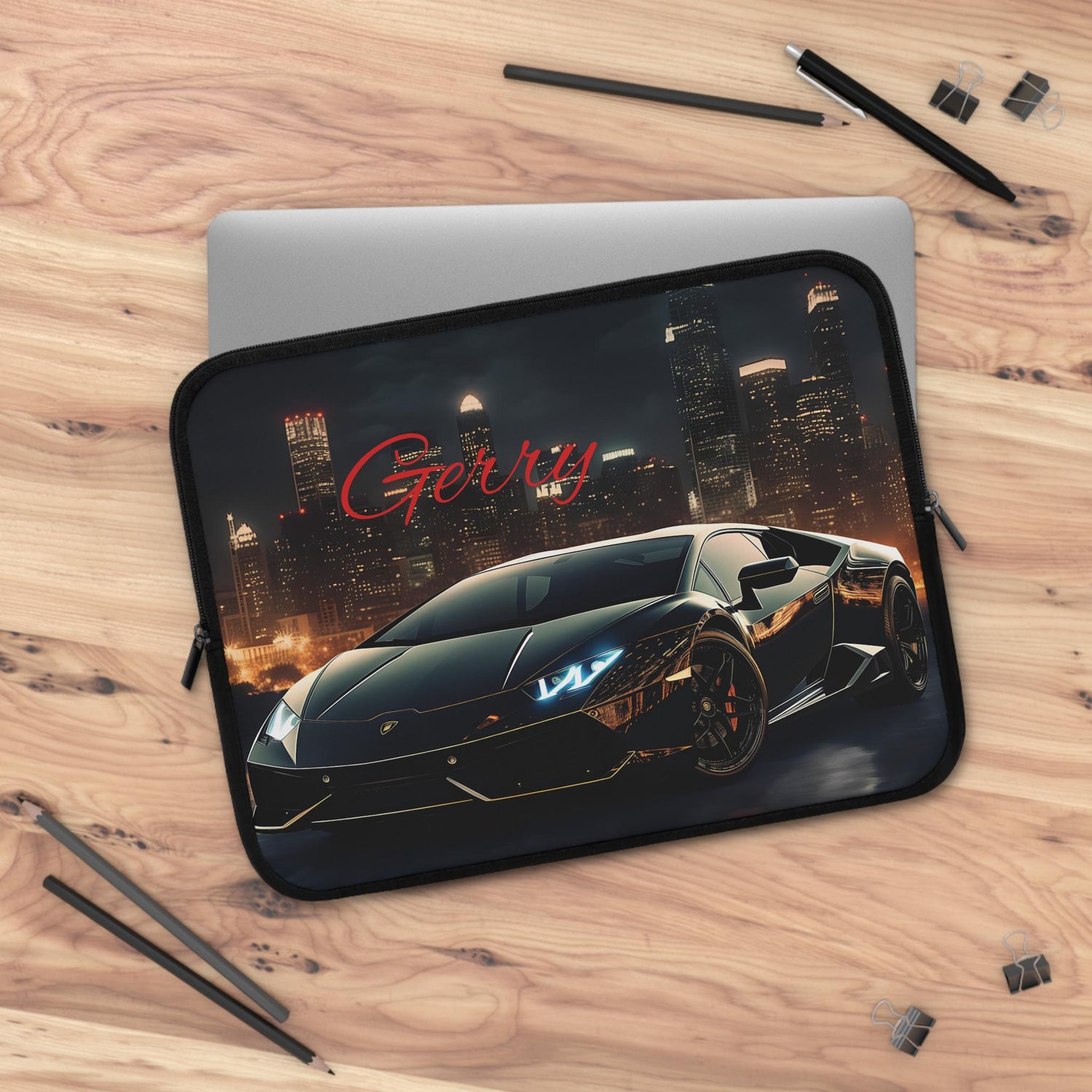 Personalized Car Lover Laptop Sleeve, Cool Tech Accessory, Perfect Gift for Him, Black Lamborghini, Car Enthusiast
