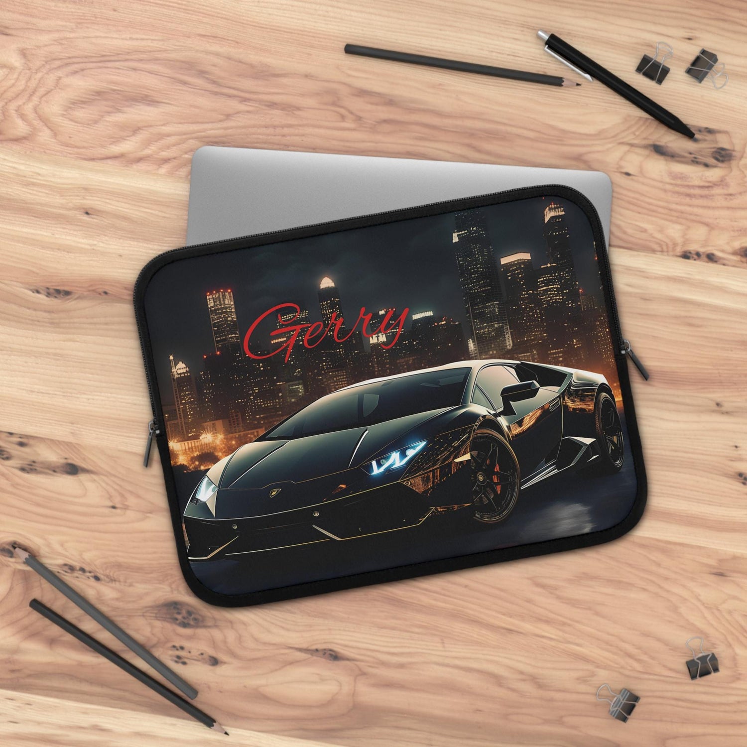 Personalized Car Lover Laptop Sleeve, Cool Tech Accessory, Perfect Gift for Him, Black Lamborghini, Car Enthusiast