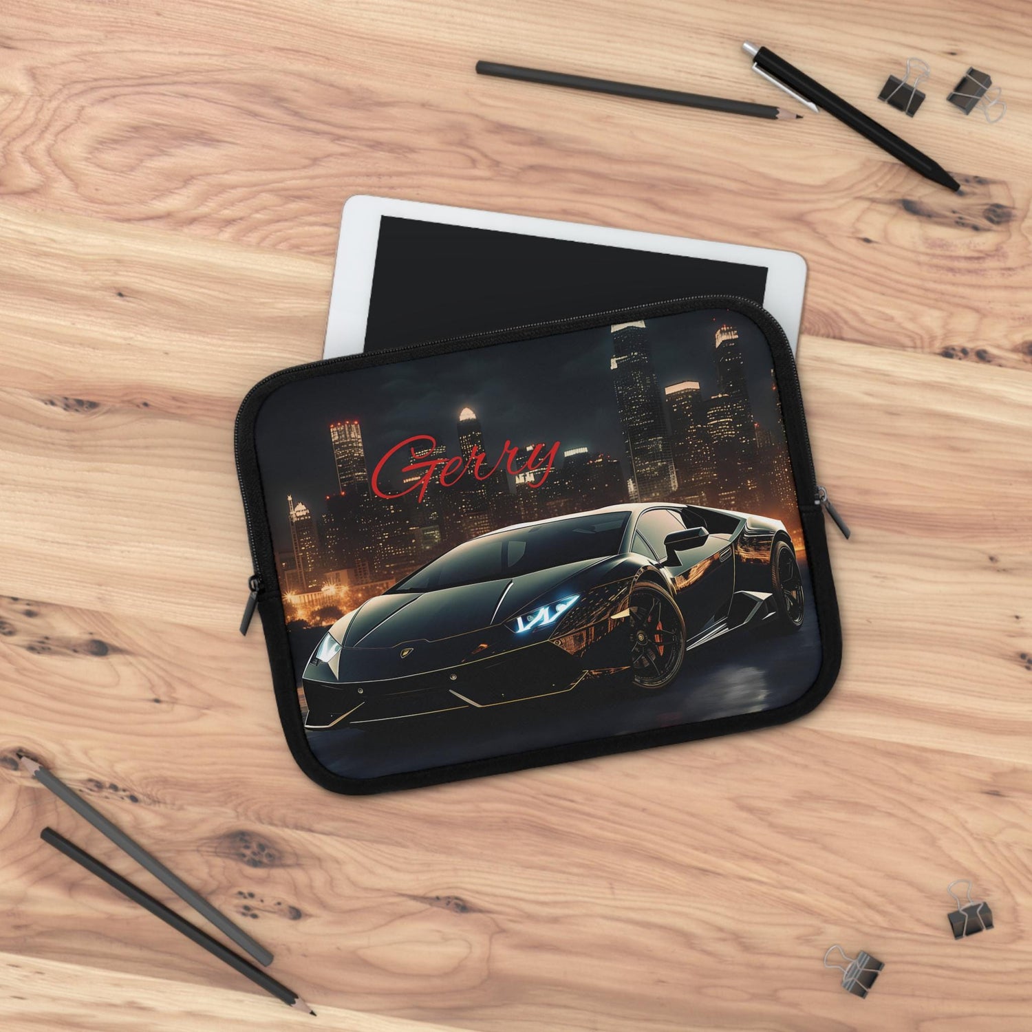 Personalized Car Lover Laptop Sleeve, Cool Tech Accessory, Perfect Gift for Him, Black Lamborghini, Car Enthusiast