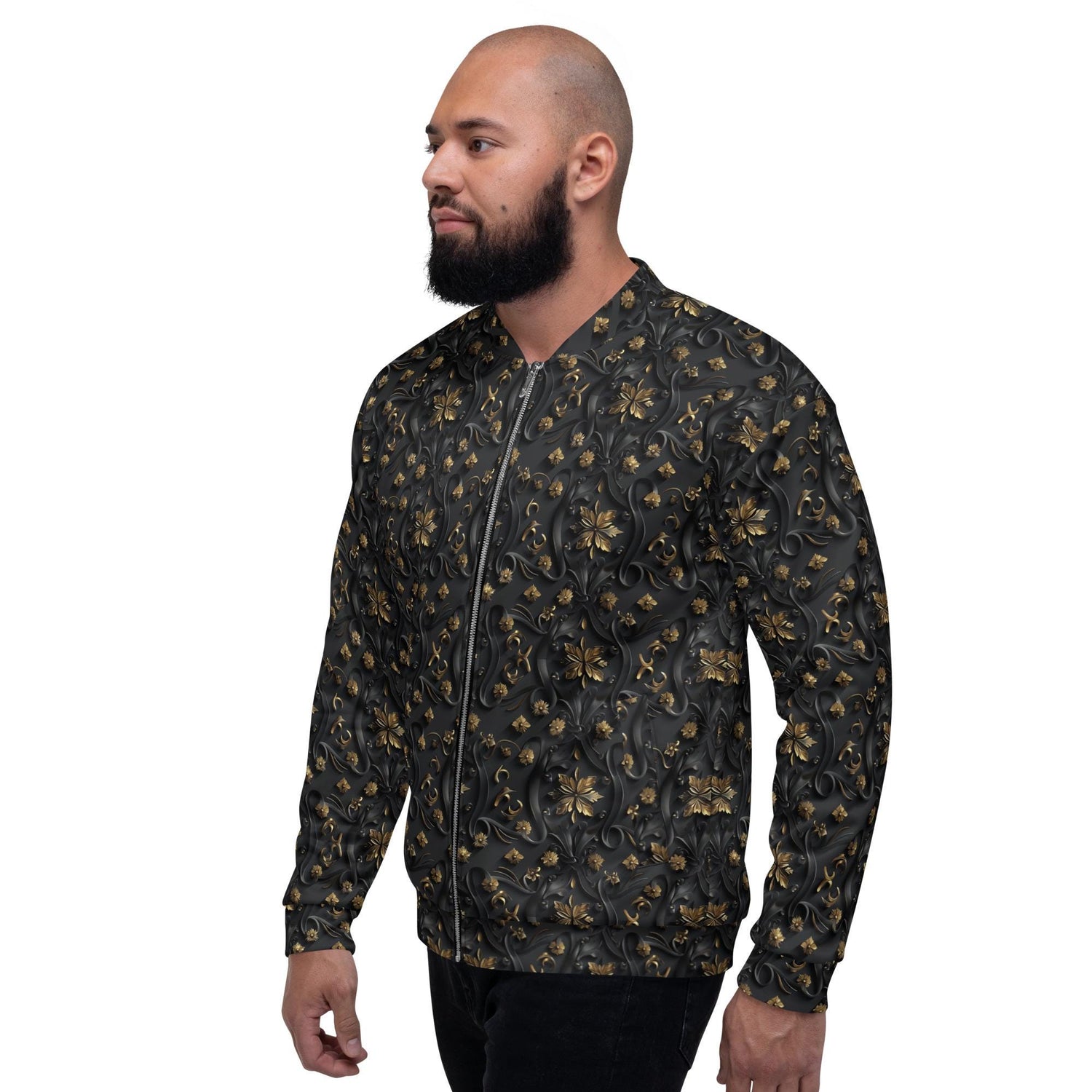 Exclusive 3D Black Gold Bomber Jacket for Men - Unique Design, Luxury Streetwear, Custom Fashion, Statement Outerwear