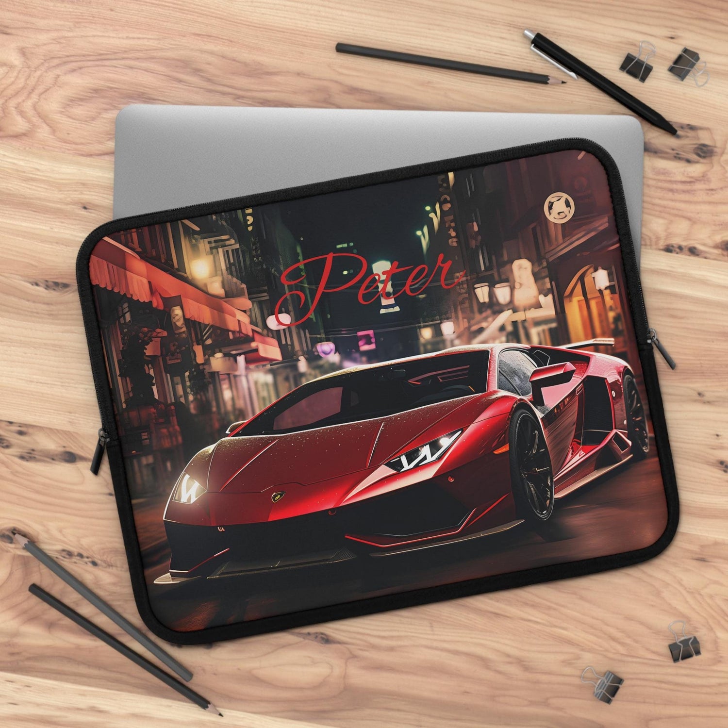 Sports Car Laptop Sleeve - Personalized Tech Case, Gift for Car Lovers, Custom Laptop Bag, Unique Present for Him, Red Lamborghini Design