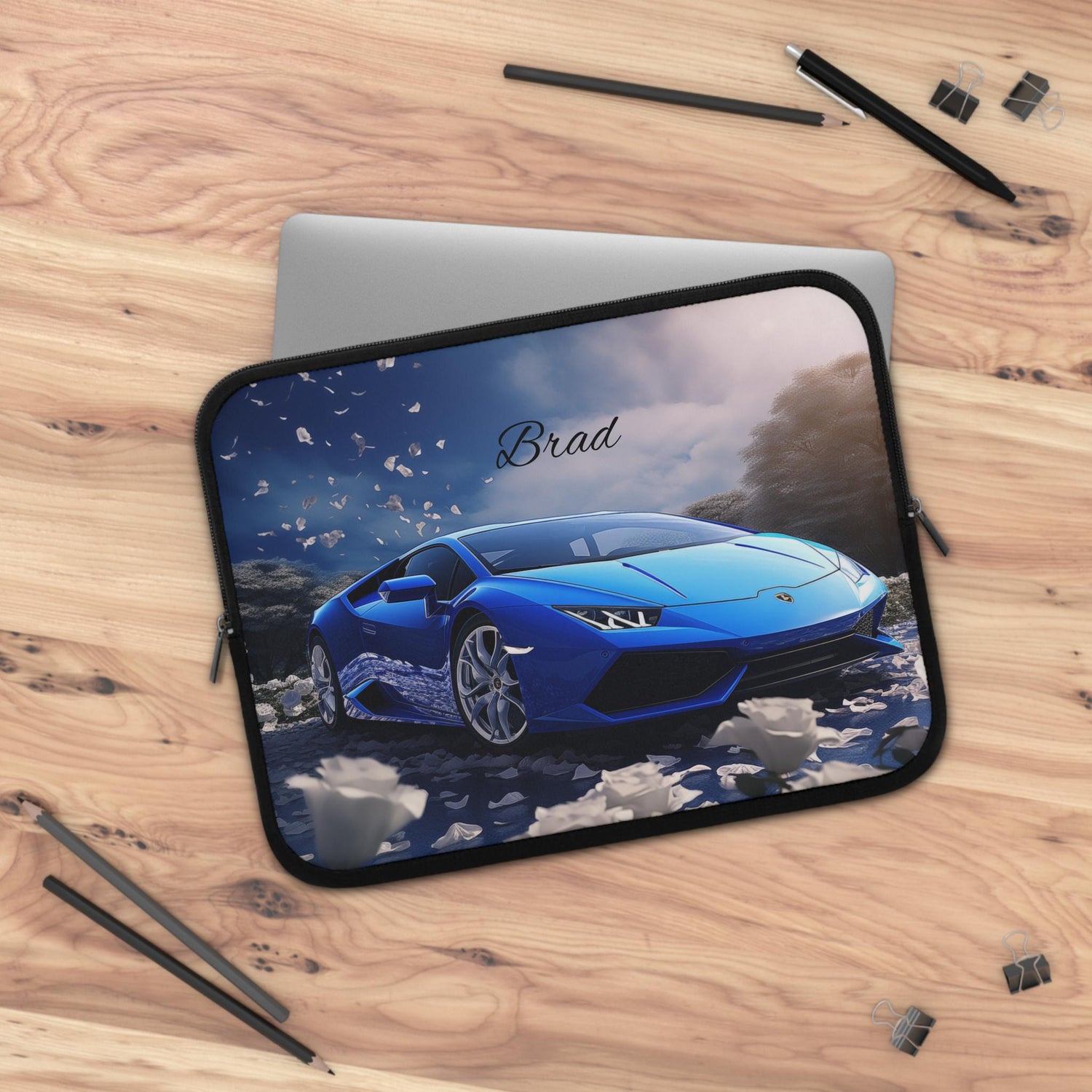 Personalized Car Lover Laptop Sleeve - Automotive Gift, Custom Tech Case, Stylish Computer Bag, Unique Present for Him, Blue Lamborghini