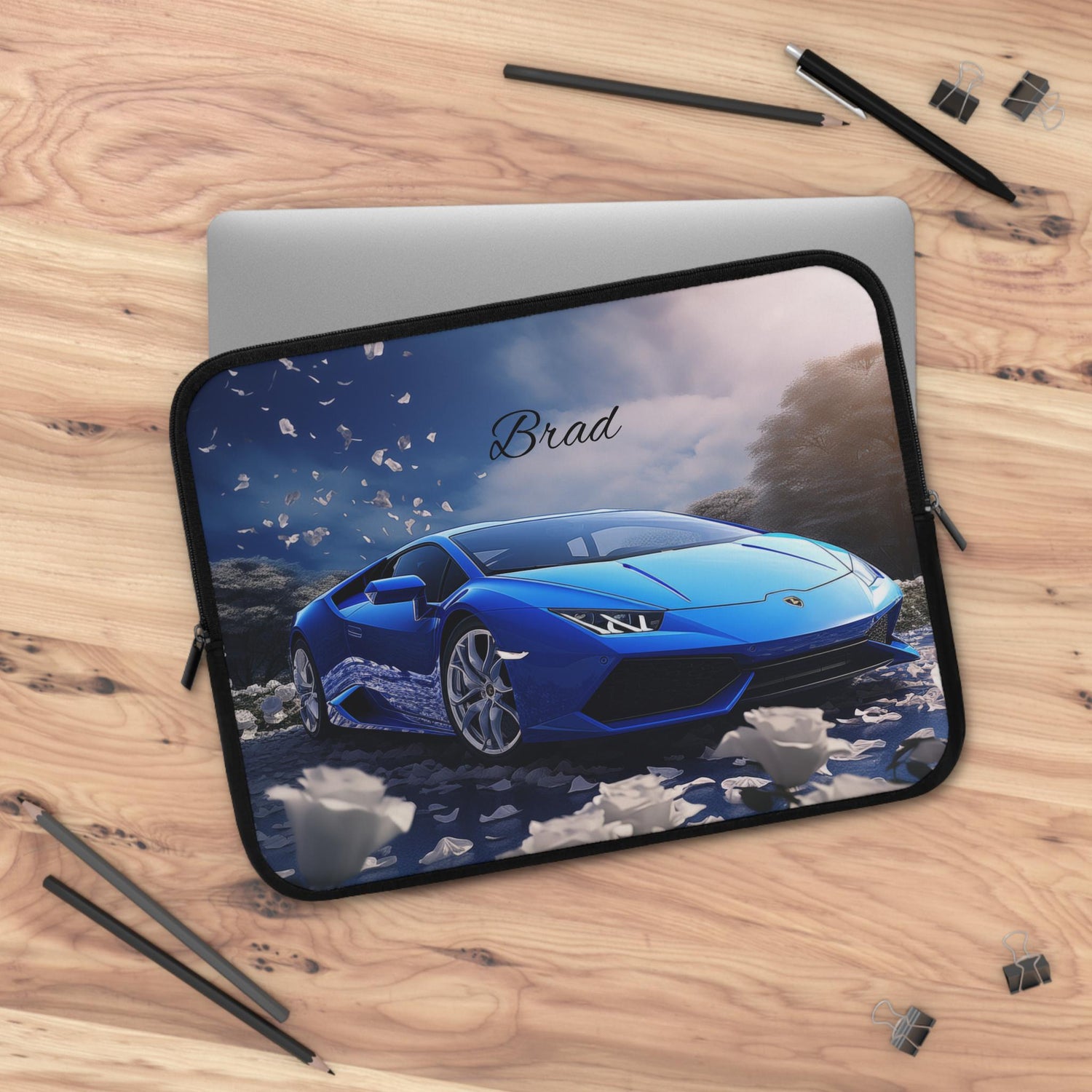 Personalized Car Lover Laptop Sleeve - Automotive Gift, Custom Tech Case, Stylish Computer Bag, Unique Present for Him, Blue Lamborghini