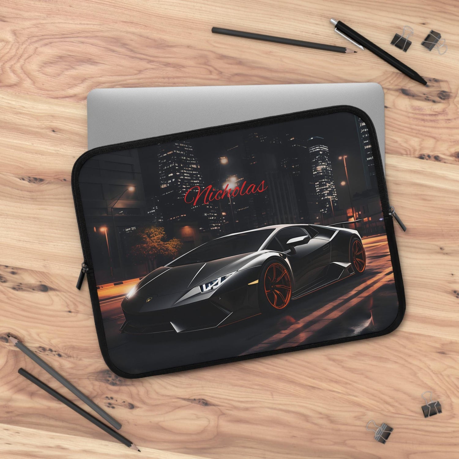 Personalized Black Lamborghini Laptop Sleeve, Custom Tech Case, Gamer Gift, Online Class Accessory, Back to School