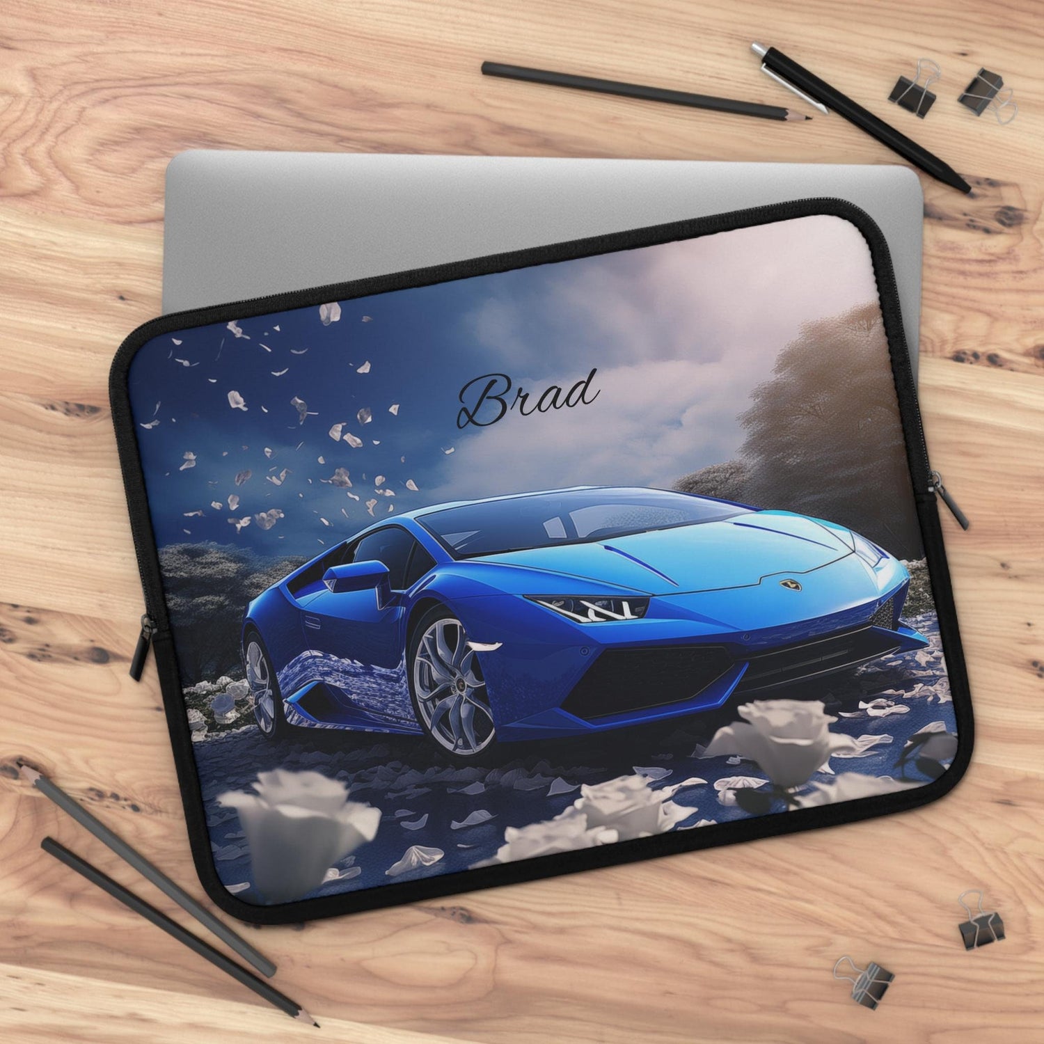 Personalized Car Lover Laptop Sleeve - Automotive Gift, Custom Tech Case, Stylish Computer Bag, Unique Present for Him, Blue Lamborghini