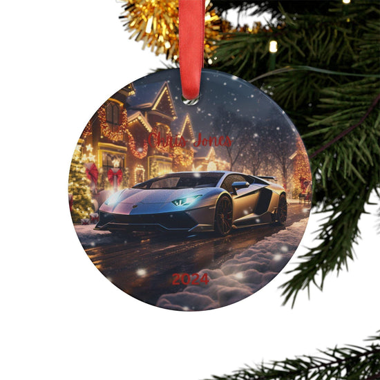 Adorno acrílico personalizado de Lamborghini plateado con cinta, regalo con nombre personalizado, decoración navideña, recuerdo para amantes de los autos, adorno navideño 2024