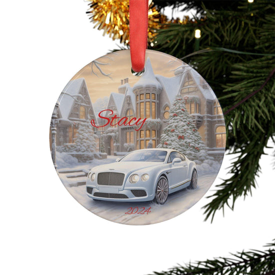 Personalized Acrylic Ornament with Car and Winter Wonderland Scene, Holiday Decor, Christmas Gift, Customized Keepsake, White Bentley