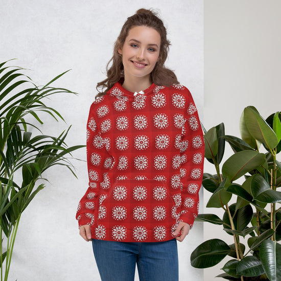 Sudadera con capucha navideña con diseño de copo de nieve rojo: acogedora sudadera navideña para mujer