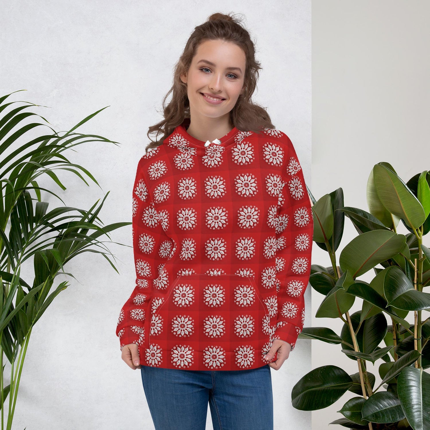 Festive Red Snowflake Design Hoodie – Cozy Xmas Holiday Sweatshirt for Women
