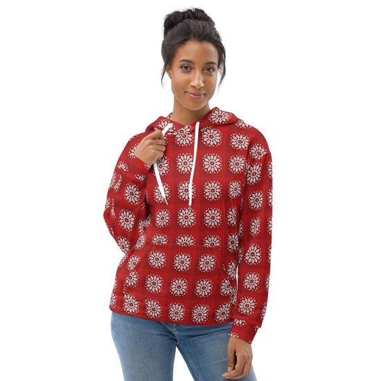 Sudadera con capucha navideña con diseño de copo de nieve rojo: acogedora sudadera navideña para mujer