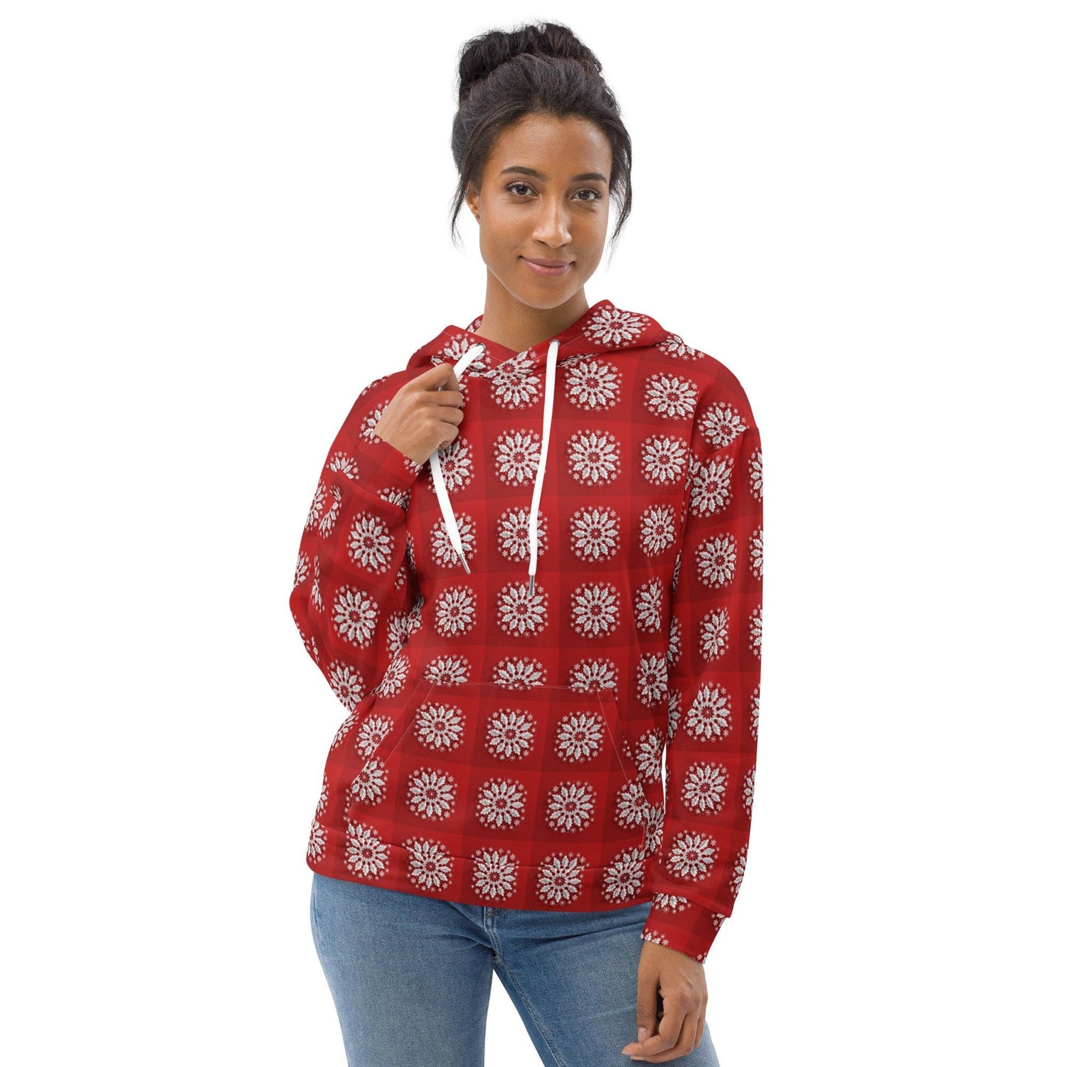 Festive Red Snowflake Design Hoodie – Cozy Xmas Holiday Sweatshirt for Women