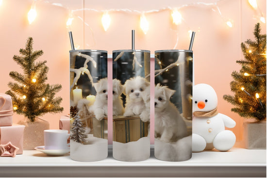 Holiday Tumbler with Straw, 20 oz, maltese puppy,Designer tumbler, xmas gift, novelty gift, teachers gift, office gift, personalized gift