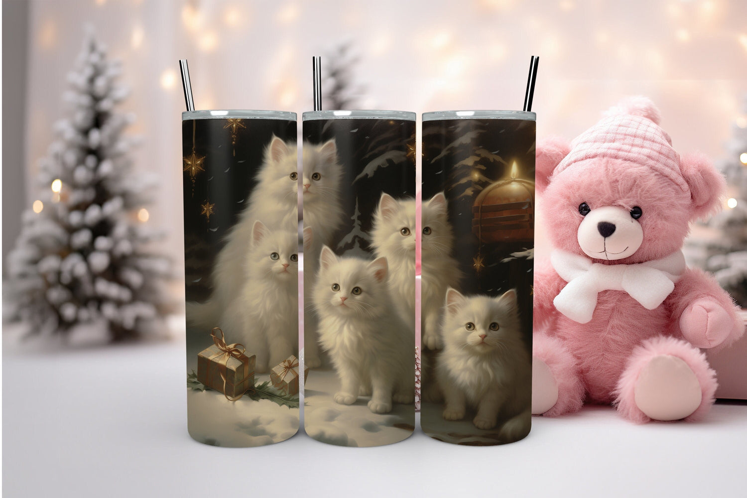 Skinny Tumbler with Straw, 20oz, Designer cup, Cat designs, Cat Lover, Xmas gift, Holiday decor, Water cup, Non-toxic