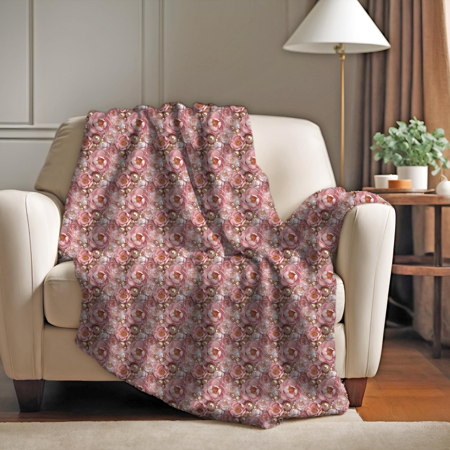 Blush Floral Velveteen Microfiber Blanket - Cozy Home Decor, Luxury Throw Blanket, Gift for Her, 3D Bedroom Accent, Wedding Gift