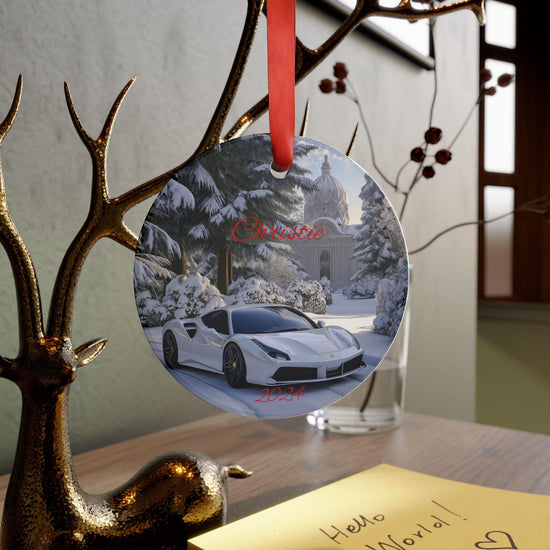 Personalized Acrylic Ornament with Ribbon, Custom Car Decoration, Holiday Keepsake, Unique Gift for Car Lovers, 2024 Memories, White Ferrari