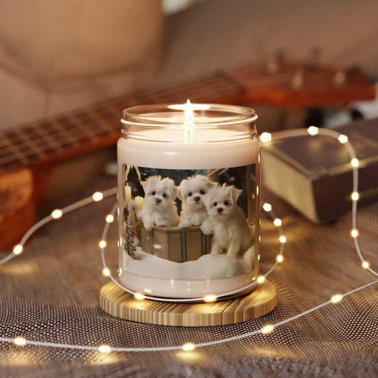 Soy Candle, Xmas Holiday Scented, 9oz, Maltese Puppy Xmas, Cinnamon Apple, Best Selling, Family Gift, Holiday Candles, Christmas Decor,
