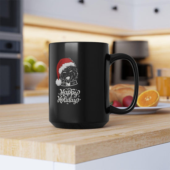 Dog Lover Mug, Happy Holiday Black Mug, 15oz, Doggy Santa Design Large Coffee Mug, Xmas Gift, Kitchen Mug, Party Gift, Holiday Mug,