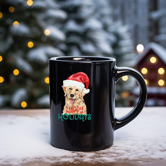 Christmas Golden Retriever Black Mug 15oz | Holiday Coffee Mug | Xmas Gift for Pet Lovers | Happy Mug | Dog Art Coffee Mug | Holiday Decor