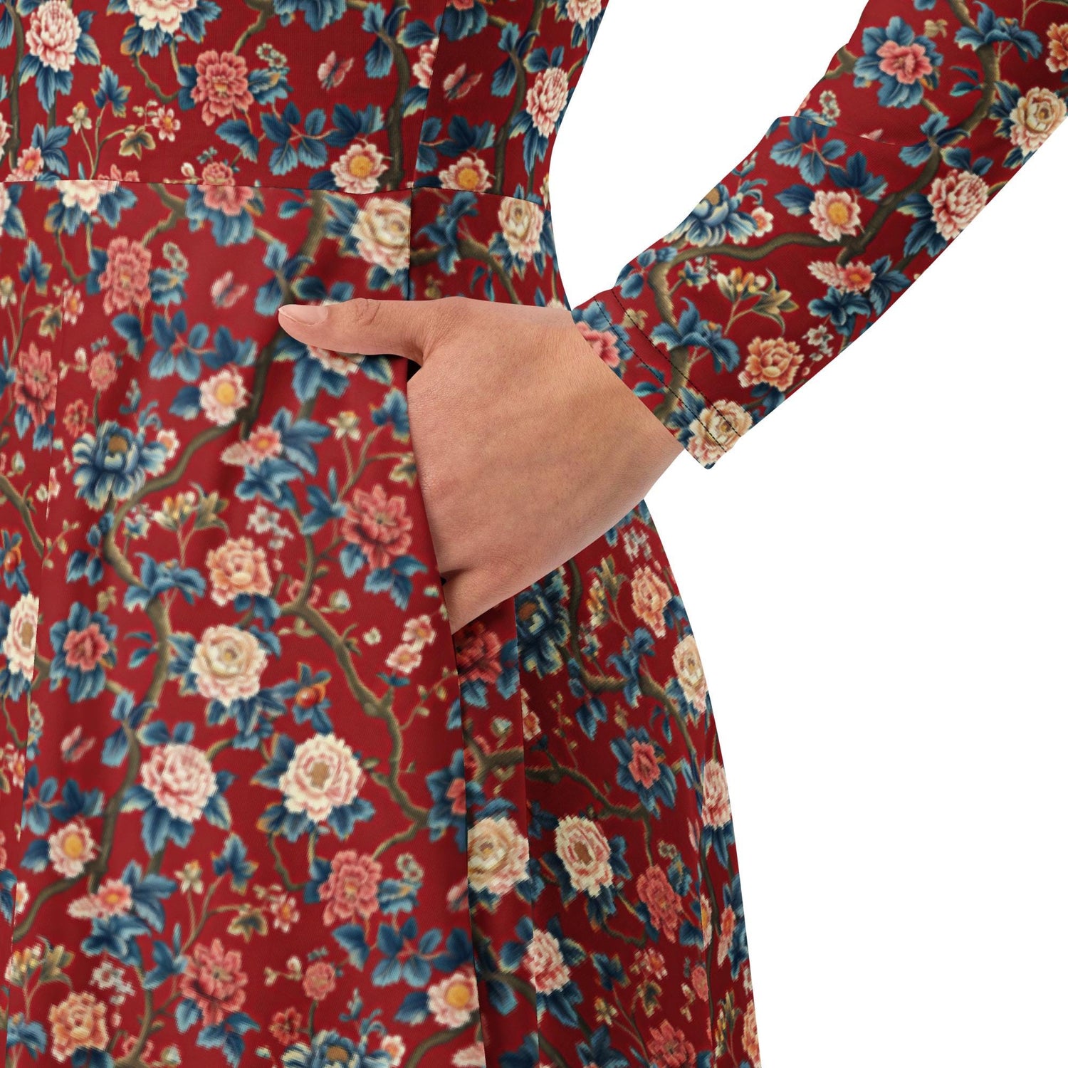 Chinoiserie All-Over Print Long Sleeve Midi Dress – Elegant Bohemian Chic Fashion