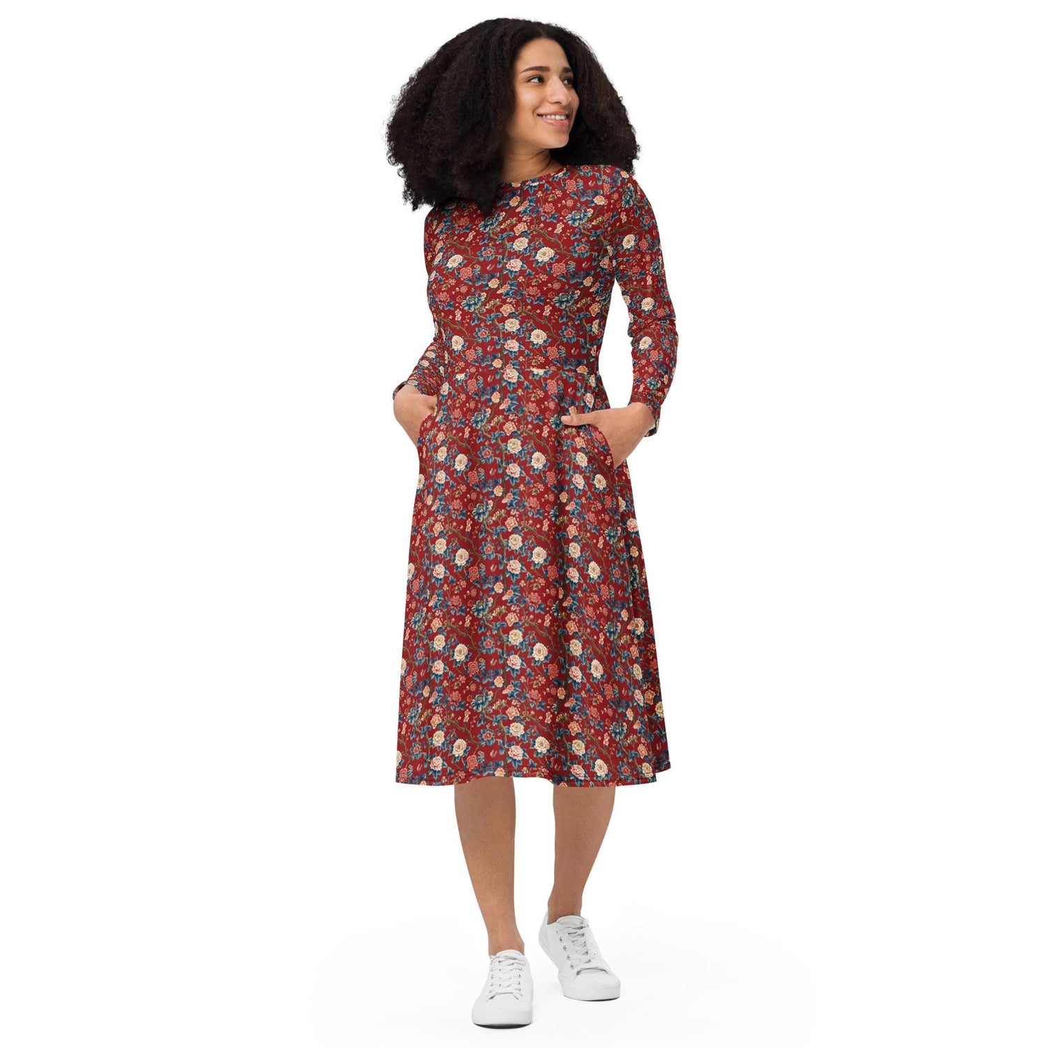 Chinoiserie All-Over Print Long Sleeve Midi Dress – Elegant Bohemian Chic Fashion