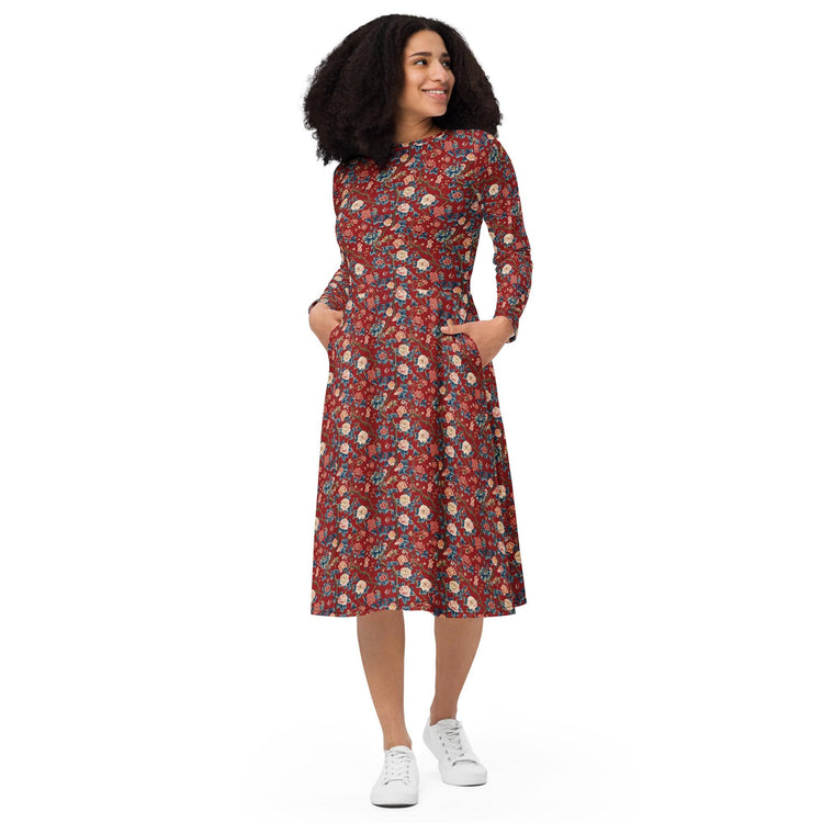 Chinoiserie All-Over Print Long Sleeve Midi Dress – Elegant Bohemian Chic Fashion