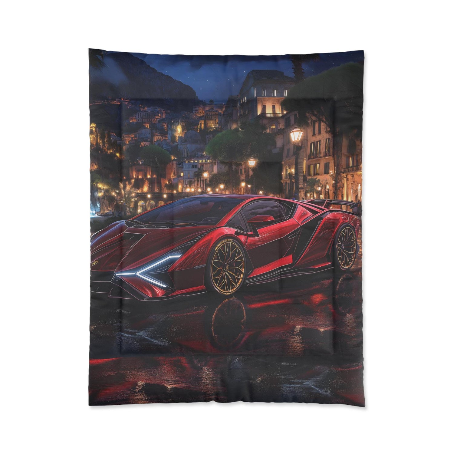 Luxury Sports Car Comforter, Modern Bedroom Decor, Automotive Enthusiast Gift, Cozy Bedding Set, Unique Car-Themed Quilt, Red Lambo