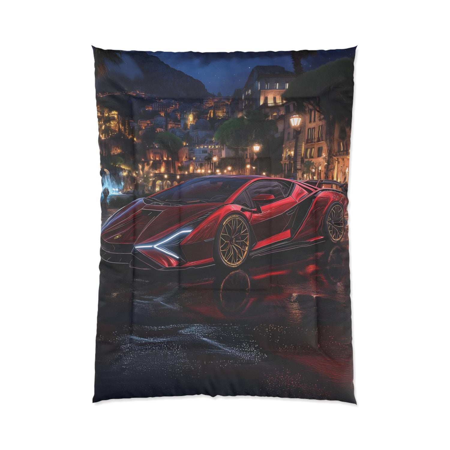Luxury Sports Car Comforter, Modern Bedroom Decor, Automotive Enthusiast Gift, Cozy Bedding Set, Unique Car-Themed Quilt, Red Lambo