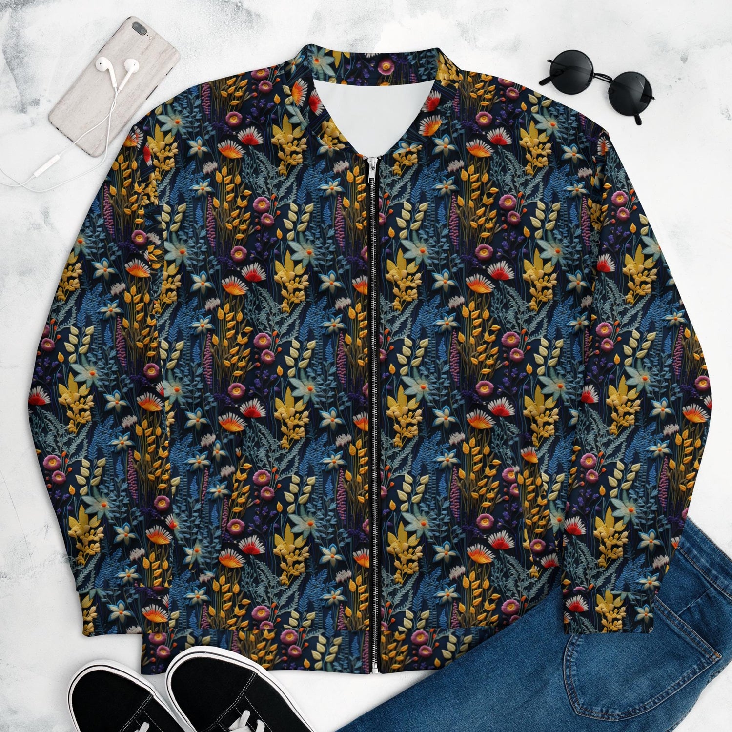 Unique Floral Pattern Stylish Bomber Jacket – All-Over Print 3D Threaded Design, Casual & Evening Wear, Trendy Floral Bomber, Perfect Gift