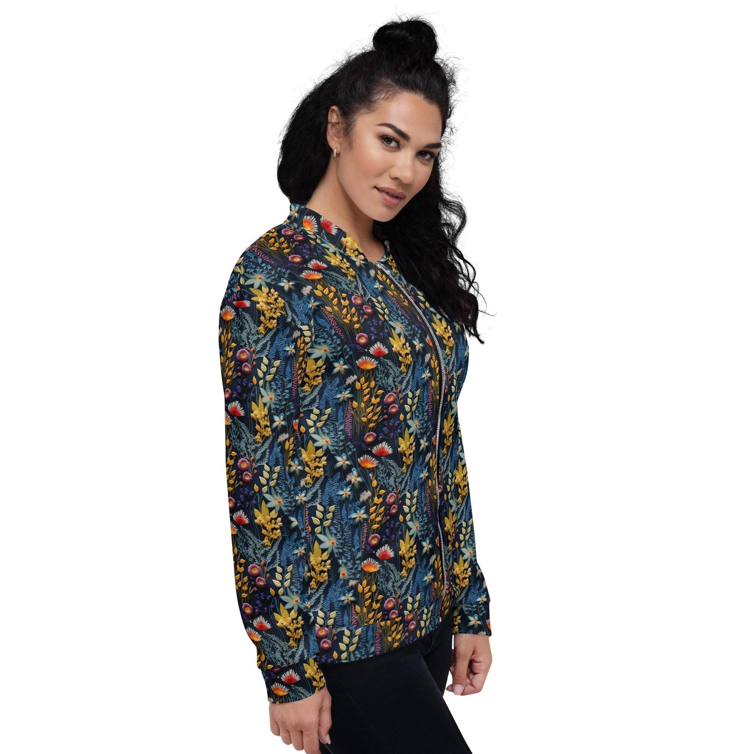 Unique Floral Pattern Stylish Bomber Jacket – All-Over Print 3D Threaded Design, Casual & Evening Wear, Trendy Floral Bomber, Perfect Gift
