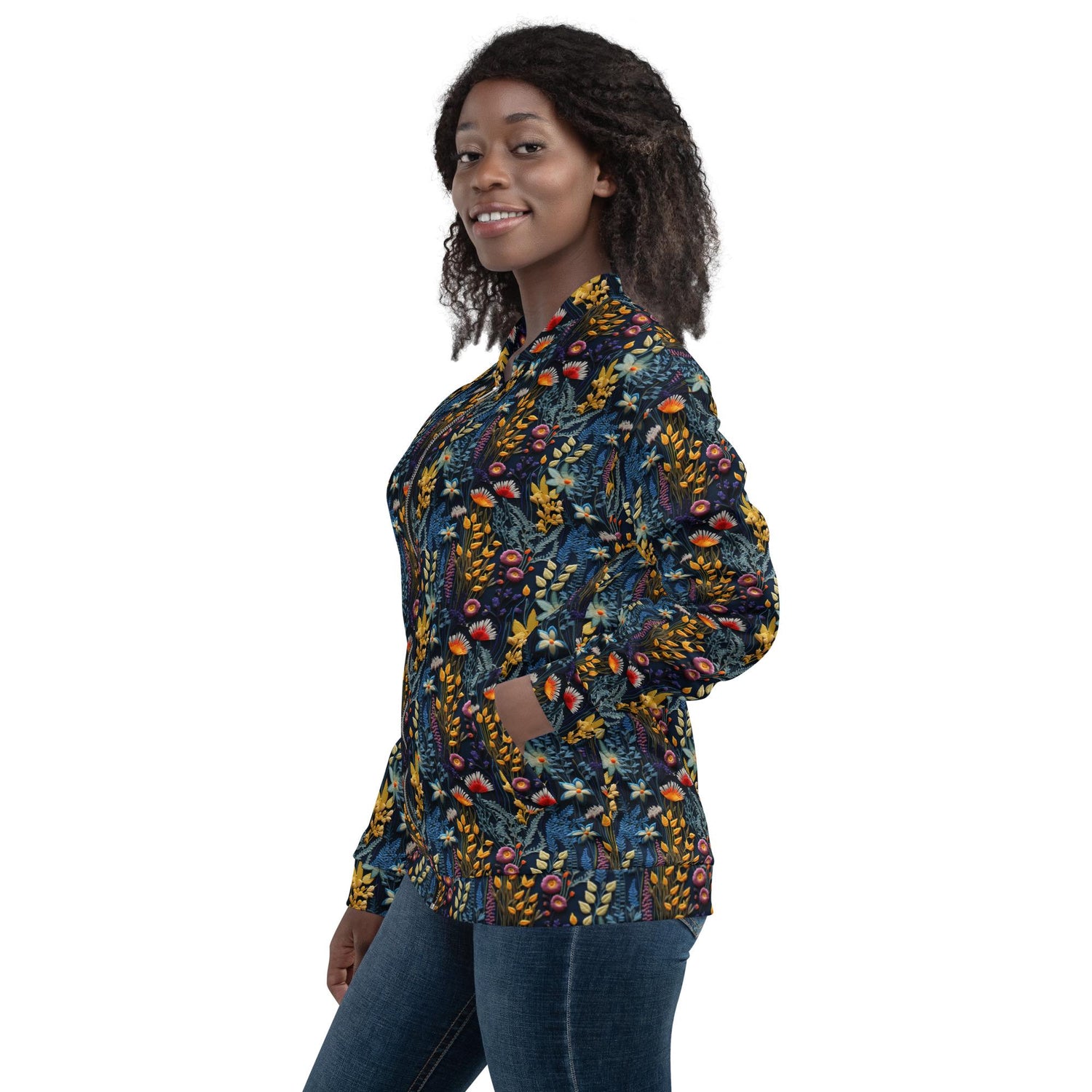 Unique Floral Pattern Stylish Bomber Jacket – All-Over Print 3D Threaded Design, Casual & Evening Wear, Trendy Floral Bomber, Perfect Gift