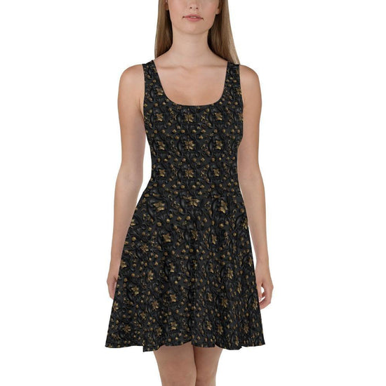 Sophisticated 3D Raised Black & Gold Luxury Skater Dress - Elegant Couture Evening Casual Wear for Special Occasions