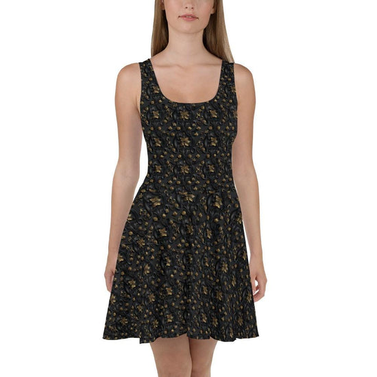Sophisticated 3D Raised Black & Gold Luxury Skater Dress - Elegant Couture Evening Casual Wear for Special Occasions