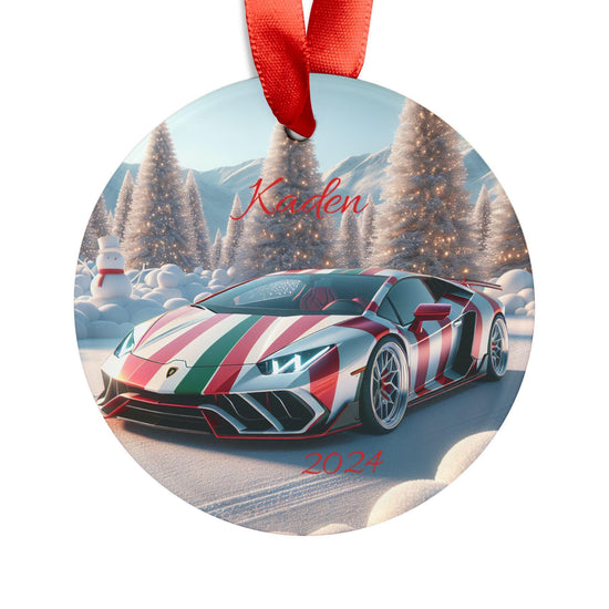 Personalized Acrylic Ornament with Candy Cane Car Design, Custom Holiday Lamborgini Decoration, Kids Gift, Christmas Keepsake, Home Decor